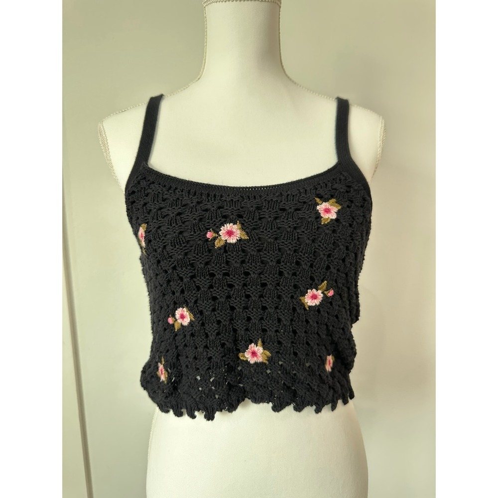 Arizona Jean Co Womens Black Crochet Embroidered Floral Tank Top Size M Boho
